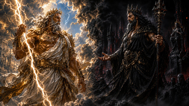 Greek Mythology Gods Battle Scene with Lightning and Dark Underworld