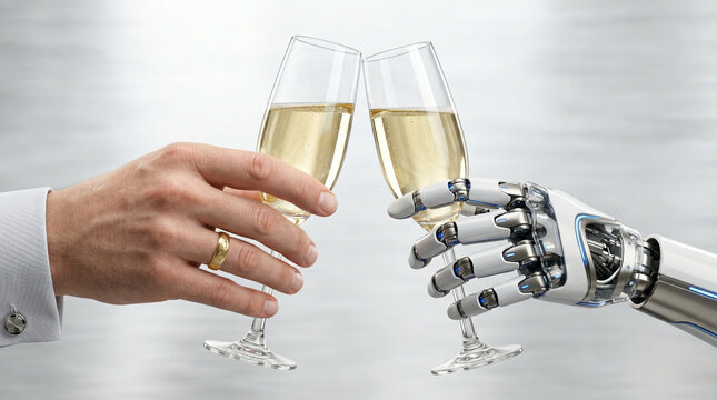 Bionik Bionics Biomechanisch Biorobotics Ringtausch Bioroboter Trauung wedding toast. Hochzeit der Zukunft. Mensch und Bioroboter sto&szlig;en mit Champagner an