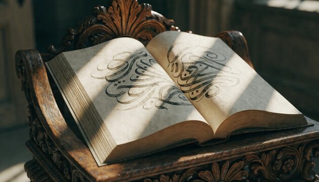 Elegant open book featuring exquisite Arabic-style calligraphy resting on an intricately carved traditional wooden stand, showcasing beautiful craftsmanship and sacred cultural heritage in detail.