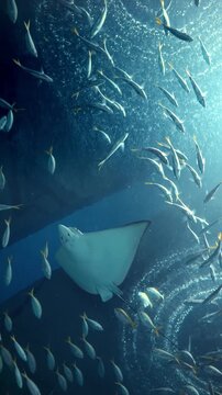 Stingray swimming upward with large school of fish in deep blue aquarium water, beautiful marine life under ocean view, low angle vertical shot of aquatic animals in glass tank, sea world