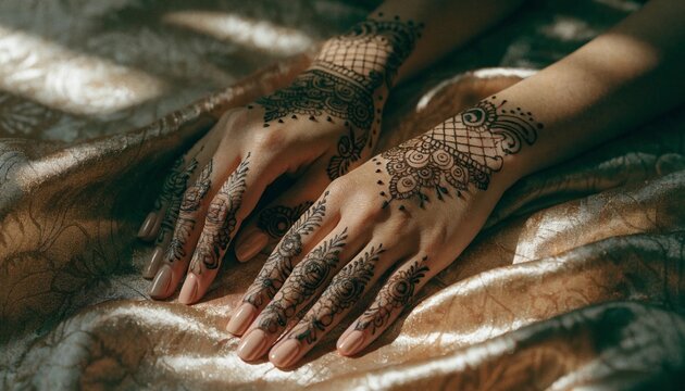 Close-up of a woman's hands adorned with highly detailed dark henna designs resting gracefully on luxurious silk fabric with a photorealistic aesthetic and intricate traditional patterns detail view.