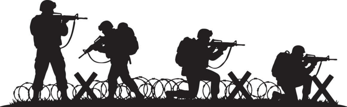 Black silhouette illustration of armed infantry soldiers in tactical gear, uniforms, and helmets, patrolling behind concertina wire and tank traps on a white background.