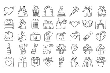Naklejka premium Wedding and Love Outline Icon Set with Bride Groom Hearts and Gifts