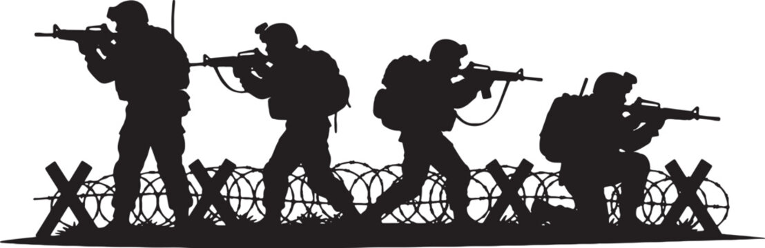 Black silhouette illustration of a squad of four soldiers in tactical gear holding rifles, advancing through a battlefield with barbed wire and anti-tank obstacles on white background.