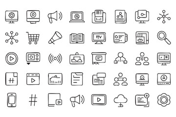 Fototapeta premium Digital Marketing Outline Icon Set with Social Media and Analytics Symbols