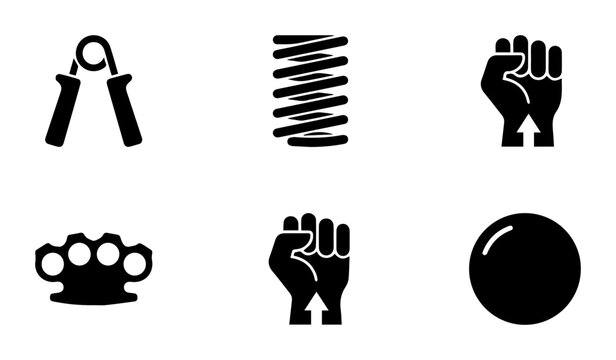Strength and Power Icons: Hand Gripper, Spring, Fist, Brass Knuckles, Ball, Fitness Symbols