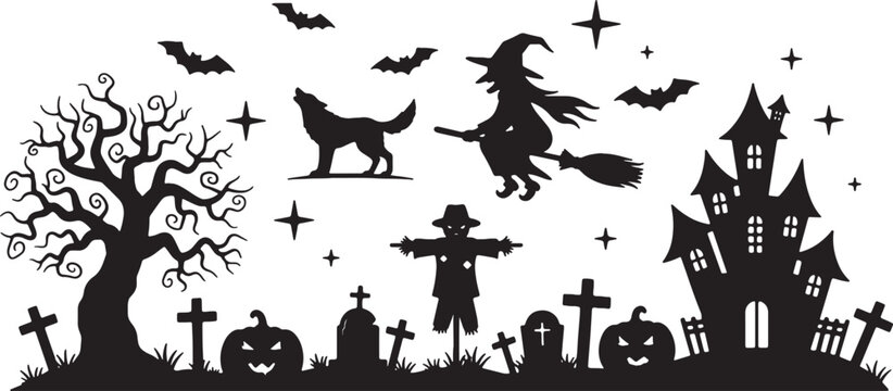 Black silhouette Halloween landscape illustration featuring haunted castle, flying witch, gnarled dead tree, howling wolf, scarecrow, jack-o-lantern pumpkins and graveyard tombstones.