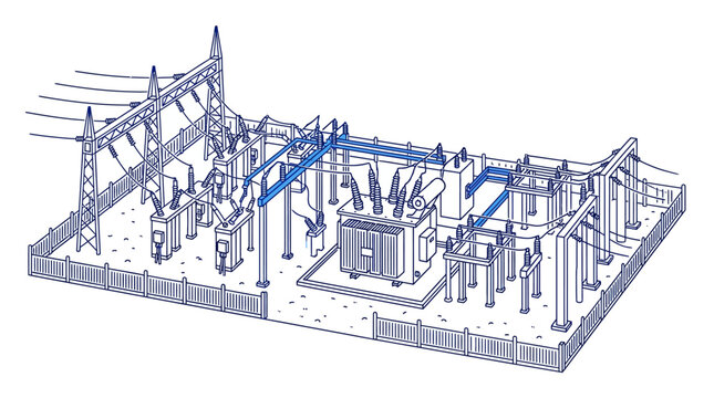 Substation with Transformer Equipment Technical Illustration