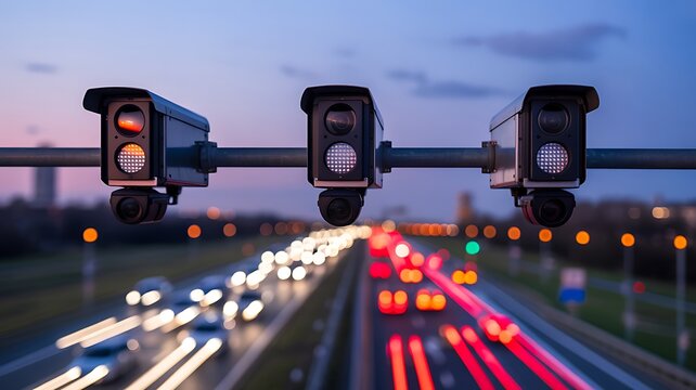 Traffic monitoring cameras above highway with blurred vehicle lights