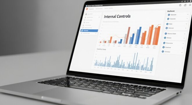 Laptop displaying internal controls data and analytics charts on its screen