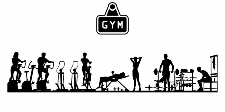 Gym Icon Collection &ndash; Vector Silhouette Set of Fitness Training Exercise Equipment, Male and Female Workout Athlete Characters, Bodybuilding Weightlifting, and Cardio Stationary Cycling