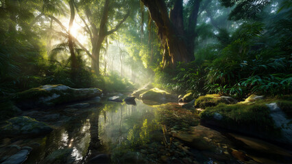 Obraz premium first morning sunlight by a misty rainforest stream, magical sunbeams in pristine tropical rainforest, ancient rainforest trees glowing in morning mist