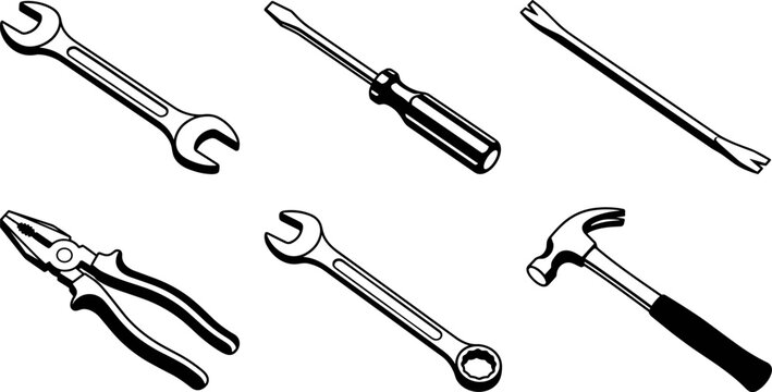 Hand Tool Icons Collection Featuring Wrenches Screwdriver Pliers Hammer and Pry Bar for Repair Maintenance Projects
