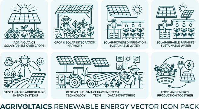Agrivoltaics renewable energy vector icon pack featuring solar farm panels combined with sustainable agriculture farming crop cultivation