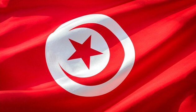 "Tunisia national flag with red background, white circle, crescent and star, symbol of peace, heritage, and cultural identity beautifully represented."