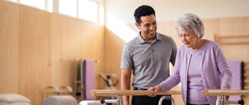 Elderly woman rehabilitation walking exercise assisted by a male therapist at medical clinic parallel bars, senior healthcare recovery program promoting healthy active aging lifestyle support.