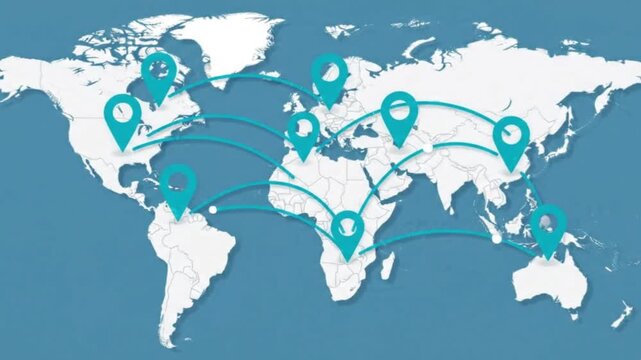Illustrative world map depicting comprehensive global interconnectedness through a network of locations for international communication, business strategy, and worldwide travel