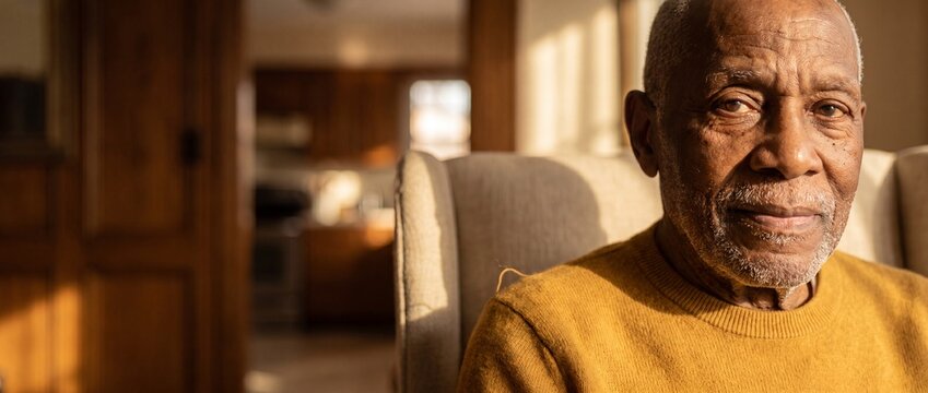 Senior black man sitting home resting in comfortable armchair during warm golden hour sunset, thoughtful and peaceful portrait depicting aging retirement lifestyles, looking forward with serene look.