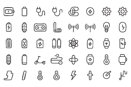 Battery Energy Outline Icon Set with Charging and Power Technology Symbols