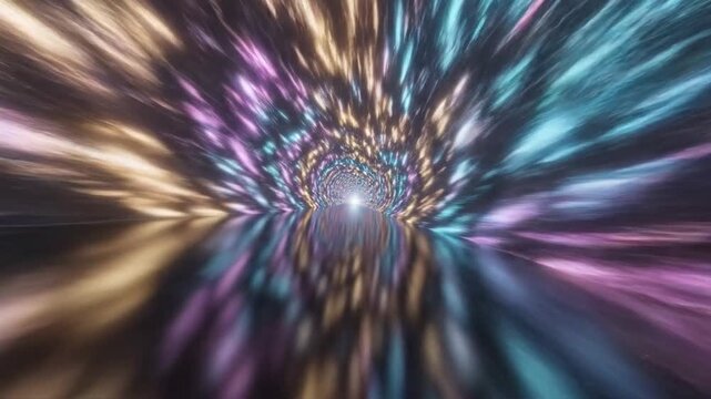 Glowing futuristic wormhole tunnel with vibrant light trails in hyperspace