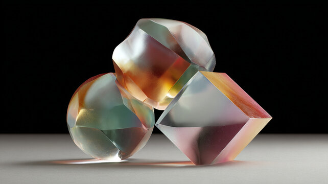Interlocking polished geometric spheroid reflecting warm iridescent light, translucent crystal shapes with soft shadows and glossy surface