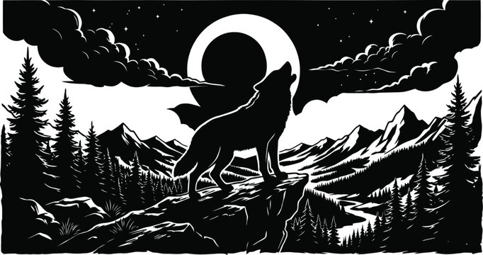 Wolf Silhouette Against Mountain Landscape And Crescent Moon