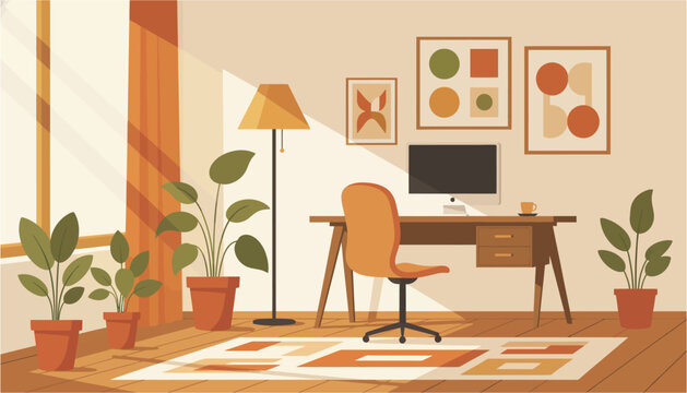 Modern interior workspace bathed in warm sunlight with potted plants and abstract wall art