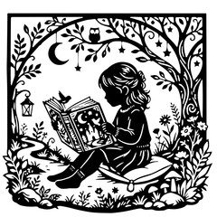 Little Girl Reading Magic Story Book Under Enchanted Tree Silhouette Vector