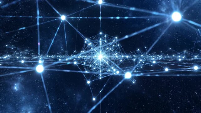 Abstract digital network of glowing light nodes and connections on dark background