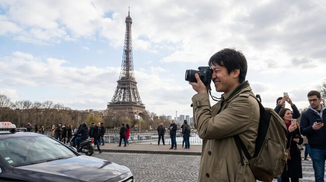 Asian tourist taking photos of Eiffel Tower in Paris with a DSLR camera and backpack