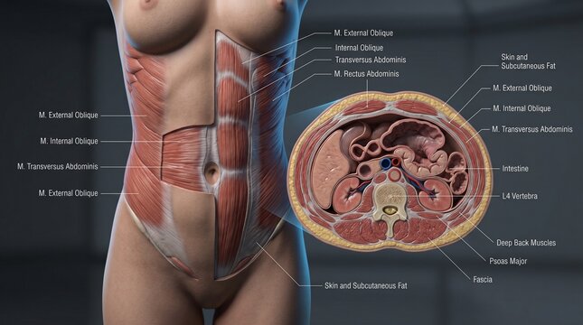 Female muscle anatomy of the abdomen and core with cross section