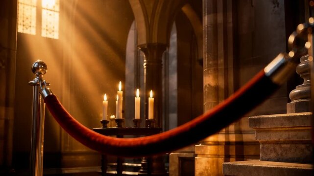 Elegant red velvet rope barrier guides visitors through grand cathedral with dramatic light rays illuminating ornate architecture.