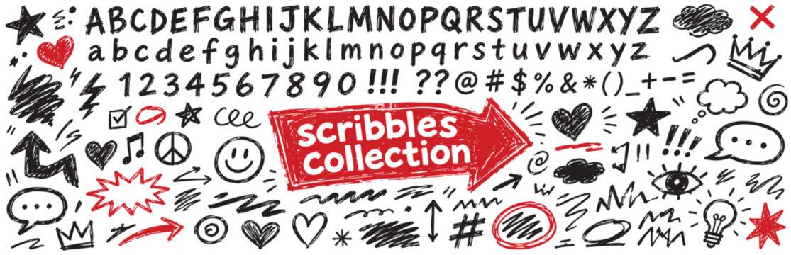 Hand drawn doodle alphabet, numbers, symbols and decorative elements set. Sketchy letters, numbers, arrows, hearts, stars and speech bubbles collection.