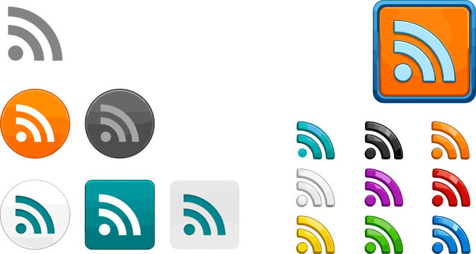 RSS Feed Icon Collection Featuring Colorful Syndication Symbols for News Subscription Content Updates and Web Communication