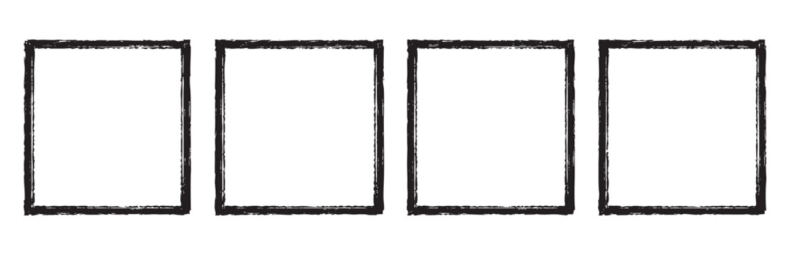 Set of four hand drawn black square frames with grunge texture, isolated on white background. Blank borders for photos or text.