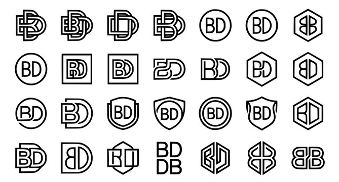 Collection of twenty five black and white line art logos featuring interlocking 'bd' monogram designs