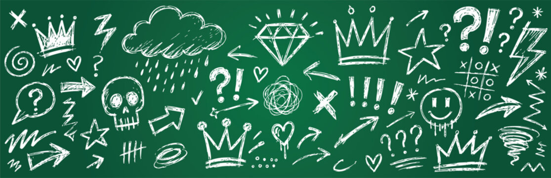 A collection of hand-drawn chalk doodles on a green chalkboard background, featuring crowns, arrows, stars, hearts, skull, and symbols.