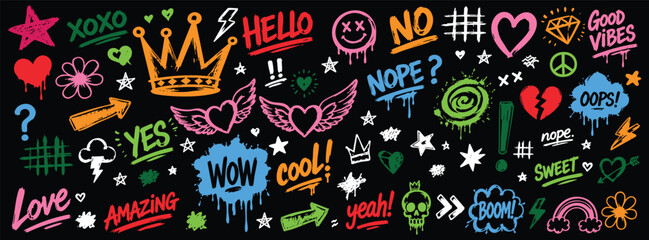 Set of hand drawn graffiti style doodles, including crowns, hearts, stars, arrows, speech bubbles, and various text phrases on a black background. © Zbrake Studio