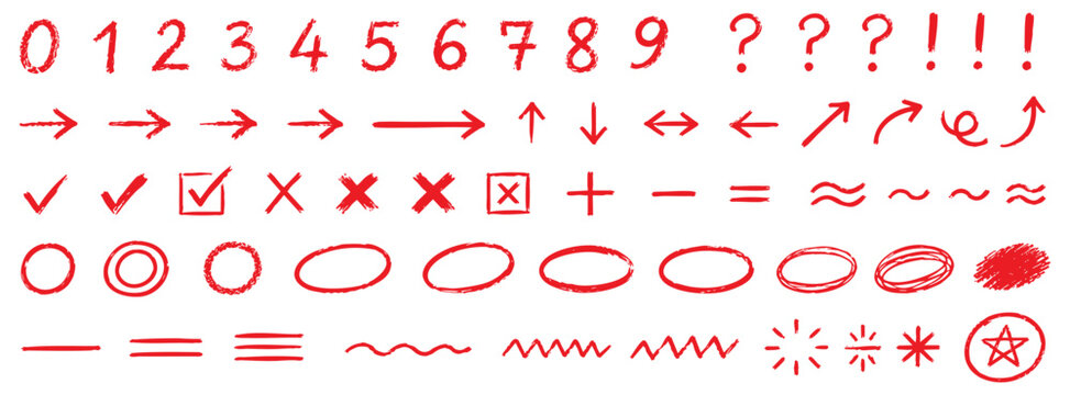 Set of hand drawn red marker doodle elements including numbers, arrows, check marks, crosses, circles, lines, and symbols isolated on white background.