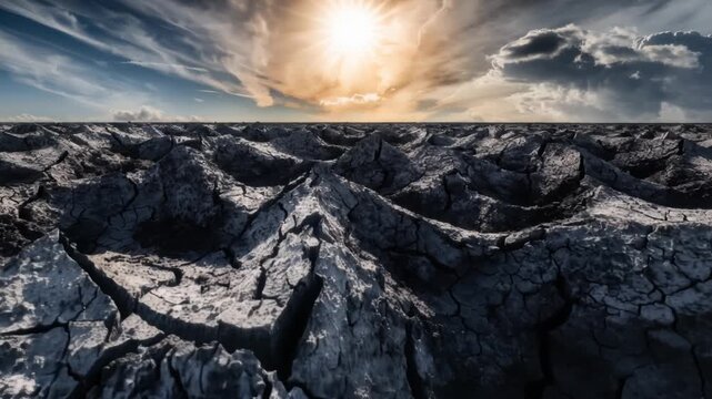 Dramatic Arid Cracked Earth Landscape Under a Fiery Sunset Sky, Symbolizing Climate Change and Drought