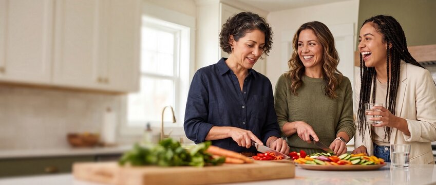 Three women cooking kitchen food preparing healthy meal together, diverse female friends chopping fresh vegetables, laughing and smiling in bright modern home interior during dinner party prep.