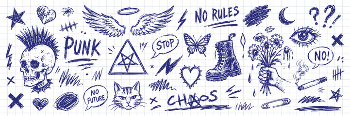 A collection of hand-drawn punk, rock, and grunge doodles in blue ink on checkered notebook paper, featuring a skull, cat, boot, and symbols. © Zbrake Studio