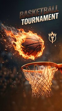 Dynamic sports design showing flaming basketball entering hoop, sparks glowing, dark background, and bold BASKETBALL TOURNAMENT text with torch logo