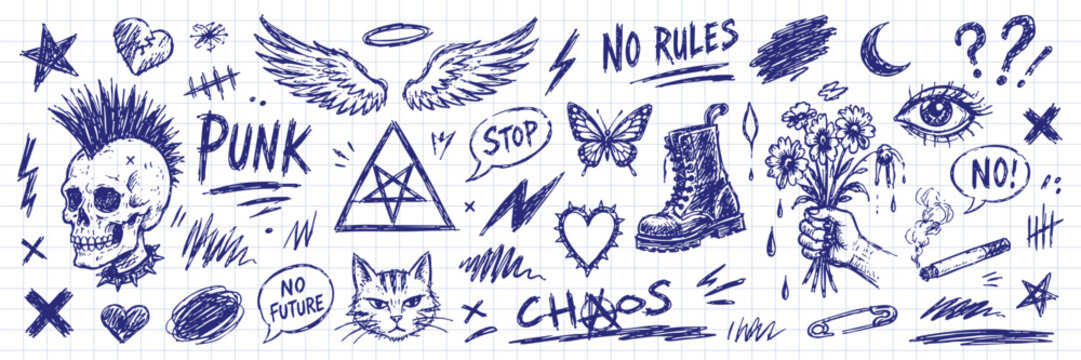 A collection of hand-drawn punk, rock, and grunge doodles in blue ink on checkered notebook paper, featuring a skull, cat, boot, and symbols.