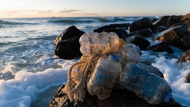 Polluted Coastal Rocks Discarded Plastic Bottles and Rope Amidst Crashing Ocean Waves, Environmental Pollution