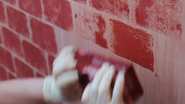 Primo piano di un artigiano edile con guanti protettivi bianchi mentre esegue con precisione la stuccatura e la finitura dei giunti di un muro in mattoni rossi faccia a vista.
