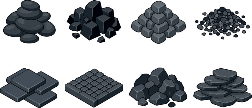 Black coal charcoal pile vector set featuring various heaps minerals stones and isometric block elements for industrial fuel energy game assets illustration