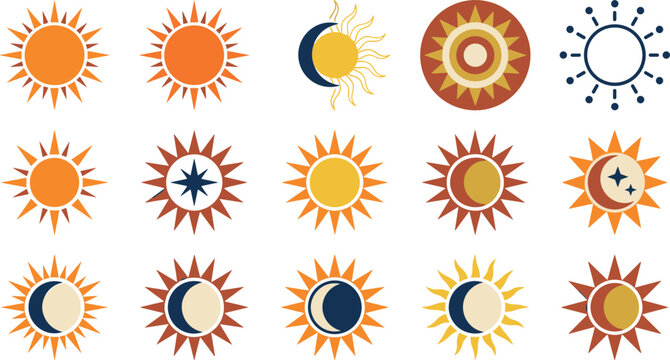 Boho celestial sun and moon icon vector set featuring mystical retro sunburst designs and crescent moon symbols for astrology branding illustration