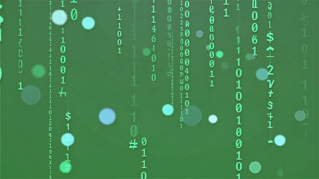 Digital data numbers and binary code falling in neon green matrix animation