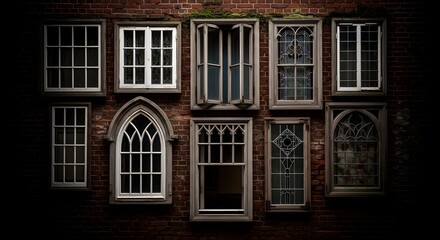 Obraz premium Assorted Vintage Architectural Windows Collection Arranged on a Rustic Red Brick Wall with a Cinematic Dark Fade